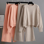 Urban Loose Long Sleeves Solid Color Round-Neck High-Low Sweater Tops & Wide Leg Pants Suits