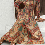Loose Puff Sleeves Elasticity Printed V-Neck Maxi Dresses
