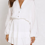 Button Long Sleeve Loose Shirt Dress Elastic Waist Ruffle Skirt
