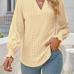 Solid color hollowed out gathered ruffle sleeve V-neck loose long-sleeved top