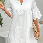 Solid Color Hollow Embroidery Casual Lace V-Neck Mini Dress