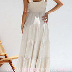 Margovil V Neck Ruffle Trim Tiered Sleeveless Linen Maxi Dress (2 Colors)