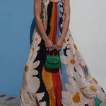 Scoop Neck Color Block Floral Print Ruffle Maxi Cami Dress