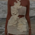 Mermaid Song Crochet Knit Three Dimensional Halterneck Cutout Stretch Mini Dress