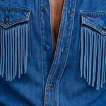 Men's Retro Western Cowboy Tassel Stitching Denim Long Sleeve Shirt