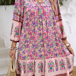 A-Line Loose Contrast Color Drawstring Flower Print Pleated Split-Joint V-Neck Mini Dresses