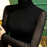 Long Sleeves Plus Size See-Through Solid Color Split-Joint High Neck T-Shirts