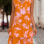 A-Line High Waisted Falbala Printed Split-Joint Tied Tiered V-Neck Mini Dresses