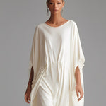 Women's Cream Woven Dress With Oversized Silhouette & Cinched Waist, Modern Minimalist-Chic Style Dress