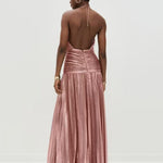 Elasticated Waist Sleeveless Pleated Shiny Solid Color Split-Side Halter-Neck Maxi Dresses