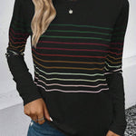 Black Striped Round Neck Long Sleeve Top