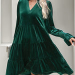 A-Line Long Sleeves Pleated Solid Color Velvet V-Neck Mini Dresses