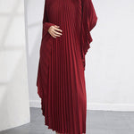 Urban Flared Batwing Sleeves Pleated Solid Color Round-Neck Midi Dresses
