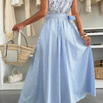 Retro Lace-Trimmed Splicing Striped Print Button-Down Maxi Dress