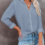 Casual Loose Long Sleeve Button V Neck Shirt Top