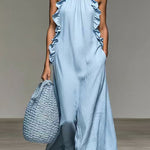 Margovil Sleeveless Linen Blend Ruffle Pocketed Maxi Dress