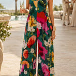 V Neck Sleeveless Floral Print Wide Leg Jumpsuit