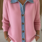 Denim Patchwork Polo Collar Button-down Knitted Cardigan Sweater