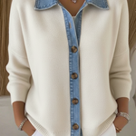 Denim Patchwork Polo Collar Button-down Knitted Cardigan Sweater