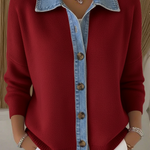 Denim Patchwork Polo Collar Button-down Knitted Cardigan Sweater