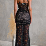 Spaghetti Strap V Neck Bodycon Lace Maxi Dress