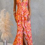 Backless Cut Out Floral Print Ruffle Slit Maxi Cami Dress