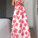 Ruffle V Neck Tie Back Floral Print Maxi Dress