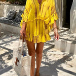V Neck Batwing Ruffle Sleeves Tie Dye Mini Dress