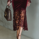 Women's Burgundy Velvet Lace Fitted Maxi Dress