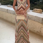 V Neck Open Back Colorful Print Maxi Dress