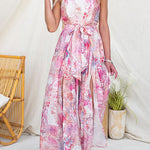 Strapless Bow Waist Floral Print Slit Wide Leg Jumpsuit