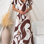 V Neck Puff Short Sleeves Printed Maxi Dress