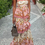 Margovil Spaghetti Strap Back Lace-up Ruffle Layered Floral Print Maxi Dress