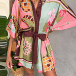 Lapel Button Up Tie Waist Floral Print Romper