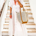 Deep V Neck Drawstring Waist Button Down Maxi Beach Cover Up Dress