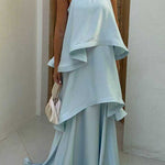 Margovil Spaghetti Strap Ruffle Layered Satin Maxi Dress