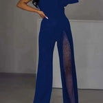 Margovil Stylish One Shoulder Slit Long Sleeve Mesh Splice Wide Leg Jumpsuit