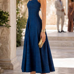 Square Neck Open Back Fit & Flare Denim Midi Dress
