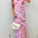 Margovil Spaghetti Strap Backless Ruffle Trim Printed Maxi Dress