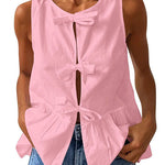 Margovil Bow Front Sleeveless Cotton Linen Ruffle Top(in 6 Colors)