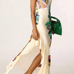 One Shoulder Floral Print Ruffle Hem Slit Maxi Dress