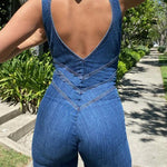 Margovil Zip Up Sleeveless Heart Back Bell Bottom Denim Jumpsuit
