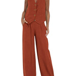 Women's Fashion Solid Color Vest Trousers Collage Stitching Cotton and Linen Casual Suit