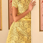 Champagne Toast Flower Lace Short Sleeve Bow Belted Mini Dress