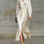 Women's Elegant Beige Satin Shirt Collar Long-sleeved Loose-fitting Midi Dress