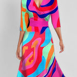 A-Line Elasticated Waist Contrast Color Printed Split-Joint V-Neck Maxi Dresses
