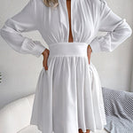 A-Line Elasticated Waist Hollow Solid Color Zipper Half Turtleneck Mini Dresses