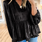 Velvet Frill V Neck Puff Sleeve Babydoll Blouse