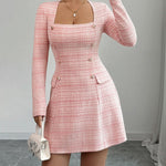 A-Line High Waisted Buttoned Contrast Color Plaid Square-Neck Mini Dresses