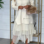 Taylor Knit Turtleneck Zip-up Top and Elastic Waist Tulle Loose Midi Skirt Set